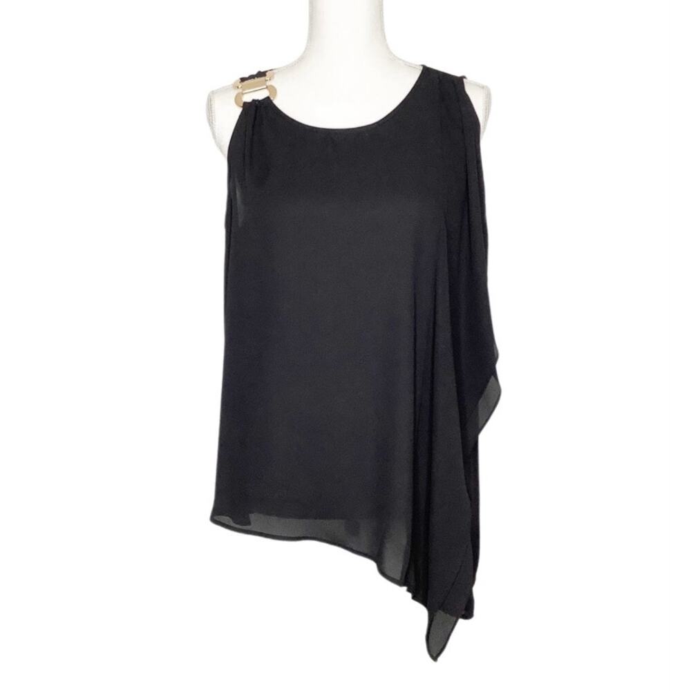 Thalia Sodi Black Sleeveless Draped Top Rose Gold Shoulder Detail Medium
